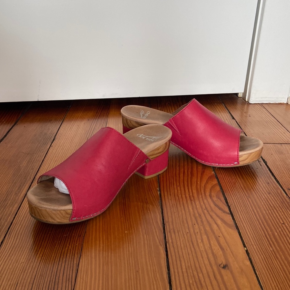 Dansko red leather open toe clogs, size 36